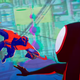 two spiderman flying through the city